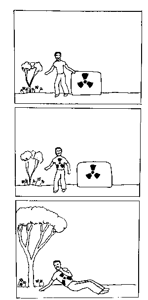 Three-frame cartoon showing a man being poisoned by radiation